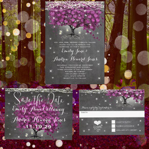 Curvy Peach Purple Heart Leaf Tree Wedding  Invitation