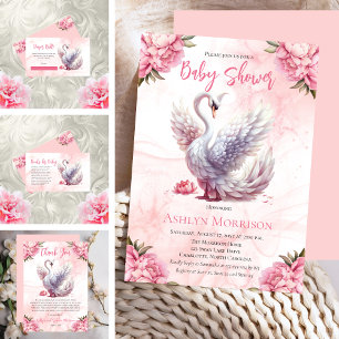 Beautiful Swan Pink Floral Girl Baby Shower Thank You Card