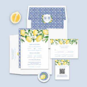 Amalfi Zesty Lemons Vintage Blue Tiles Wedding Invitation