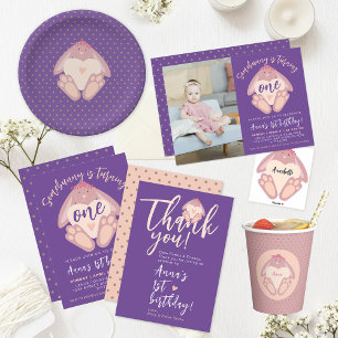 Somebunny Birthday Cute Bunny Heart Purple Photo Invitation