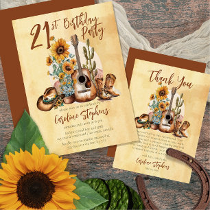 Boho Western Guitar Sunflowers 60th Birthday Party Invitation