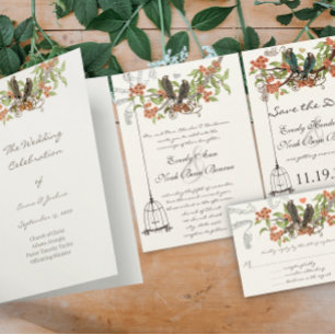 Coral Orange Gray Rustic Love Bird Wedding Invite