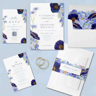 Modern Blue Wildflower Watercolor Rustic Wedding Invitation