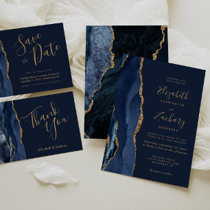 Elegant Navy Blue Gold Agate Wedding Invitation