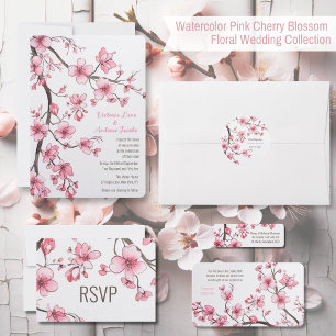 Watercolor Pink Cherry Blossom Floral Wedding Invitation