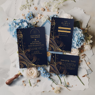 Gold Lighthouse Night Wedding Invitation