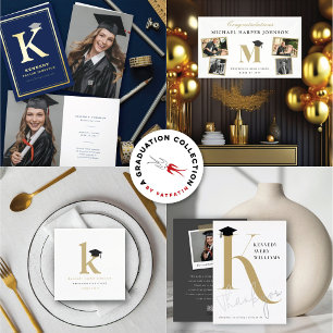 Gold Glitter Monogram Alphabet M Modern Photo Grad Invitation