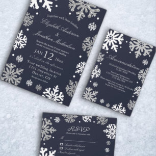 Navy Blue Snowflakes Winter Wedding Invitation