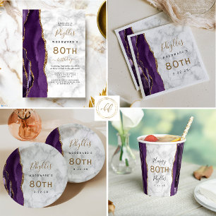 Purple Agate Marble Gold Script 80th Birthday Paper Plates