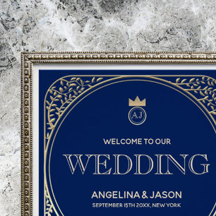 Luxury Navy Gold Monogram Wedding  Invitation