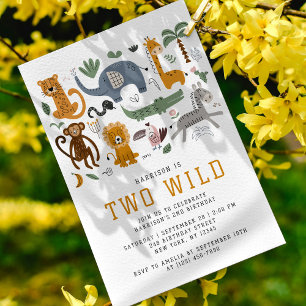 Two Wild 2nd Birthday Safari Animals Cute Kids Invitation