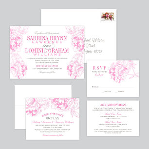 Elegant Fuchsia Pink and Gray Floral Peony Wedding Invitation