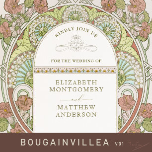 Bougainvillea Red Gold Wedding Art Nouveau Mucha Foil Invitation