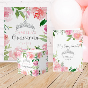Chic Pink Floral Quinceañera Silver Tiara Party Favor Boxes