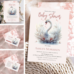 Beautiful Swan Pink Floral Damask Girl Baby Shower Thank You Card