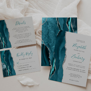 Modern Teal Silver Agate Gray Wedding Invitation