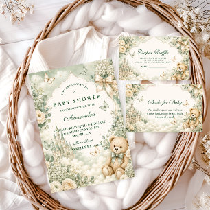 Elegant Green Teddy Bear Baby Shower Invitation