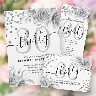 Silver Floral Glitter 30th Birthday Script Favor Tags
