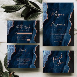 Modern Navy Blue Rose Gold Agate Script Wedding Invitation