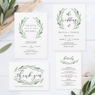 Green Olive Branch Wreath Wedding Thank You Card