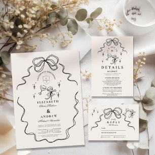 Doodle Champagne Whimsical Bow Wedding Thank You Card