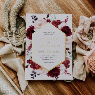 Burgundy Floral Wedding Invitation Foil Invitation
