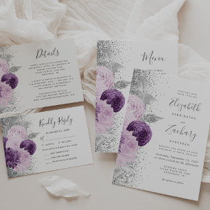 Floral Purple Silver Glitter White Wedding Invitation