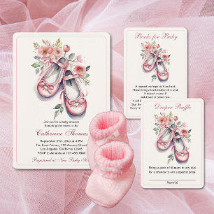 Vintage Pink Ballerina Shoes Girl Baby Shower Foil Invitation
