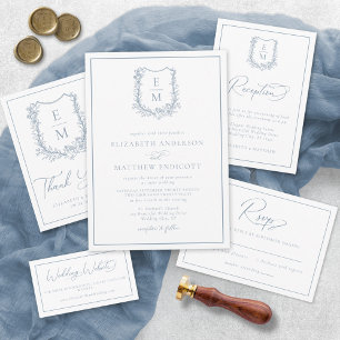 Elegant Dusty Blue Floral Crest Monogram Wedding Thank You Card
