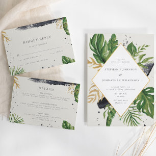 Green & Gold Watercolor Tropical Wedding Invitation