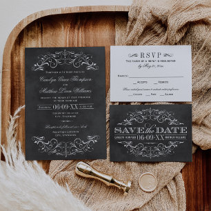 Vintage Black Chalkboard Flourish Wedding Invitation