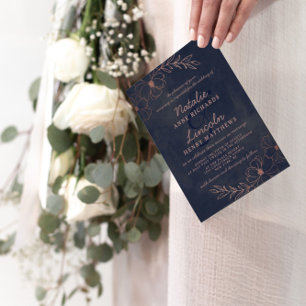 Navy Blue & Rose Gold Foil Floral Border Wedding Invitation