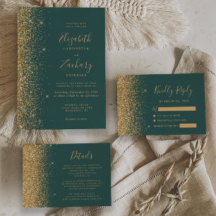 Modern Gold Glitter Edge Dark Green RSVP Card