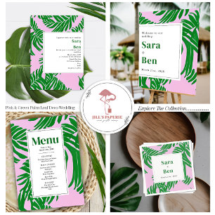 Modern Pink + Green Beach Wedding QR Code RSVP All In One Invitation