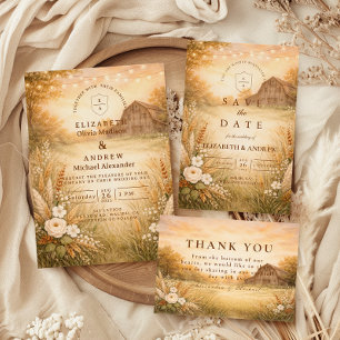 Rustic Barn Meadow String Lights Wedding Invitation