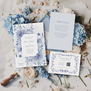 Elegant Dusty Blue Chinoiserie Floral Wedding Invitation