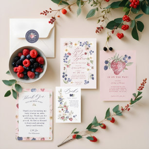 Berry Sweet Floral & Berry Basket Baby Shower Invitation