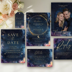 Celestial Star Midnight Blue Wedding QR Reply Card