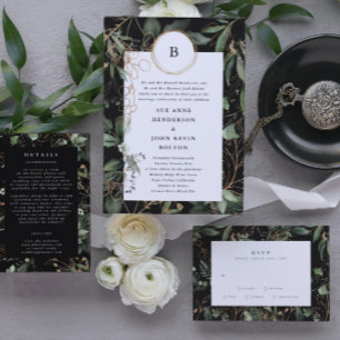 Premium Black Gold Monogram Botanical Eucalyptus Invitation