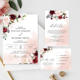 Boho burgundy blush pink floral wedding brunch invitation