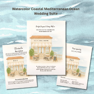 watercolor coastal mediterranean ocean wedding  invitation