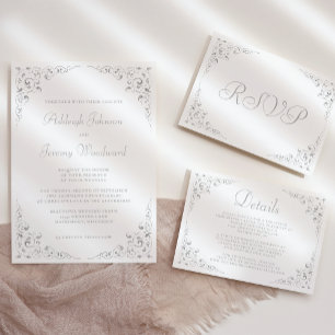 Elegant Silver Script Botanical Frame Wedding Invitation