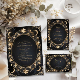 Tarot Celestial Wedding Sun Moon Stars Gold Invitation