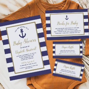 Nautical Anchor Navy Blue Striped Boy Baby Shower Invitation
