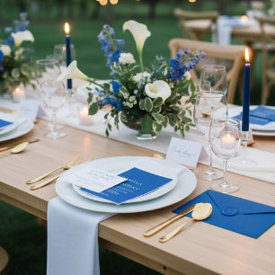 Clean simple Cobalt Blue white wedding All In One Invitation