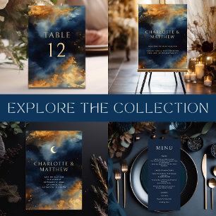 Celestial Abstract Blue Golden Moon Wedding Foil Invitation
