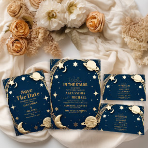 Photo Celestial Navy Gold Crescent Moon Wedding Thank You Card