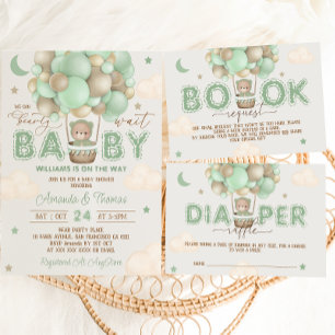 Sage Green Teddy Bear Hot Air Balloon Baby Shower  Invitation