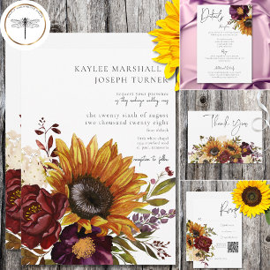 Rustic Summer Sunflowers & Burgundy Floral Invitation