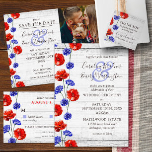 Red Poppy & Cornflower Rustic Wood Floral Wedding Invitation